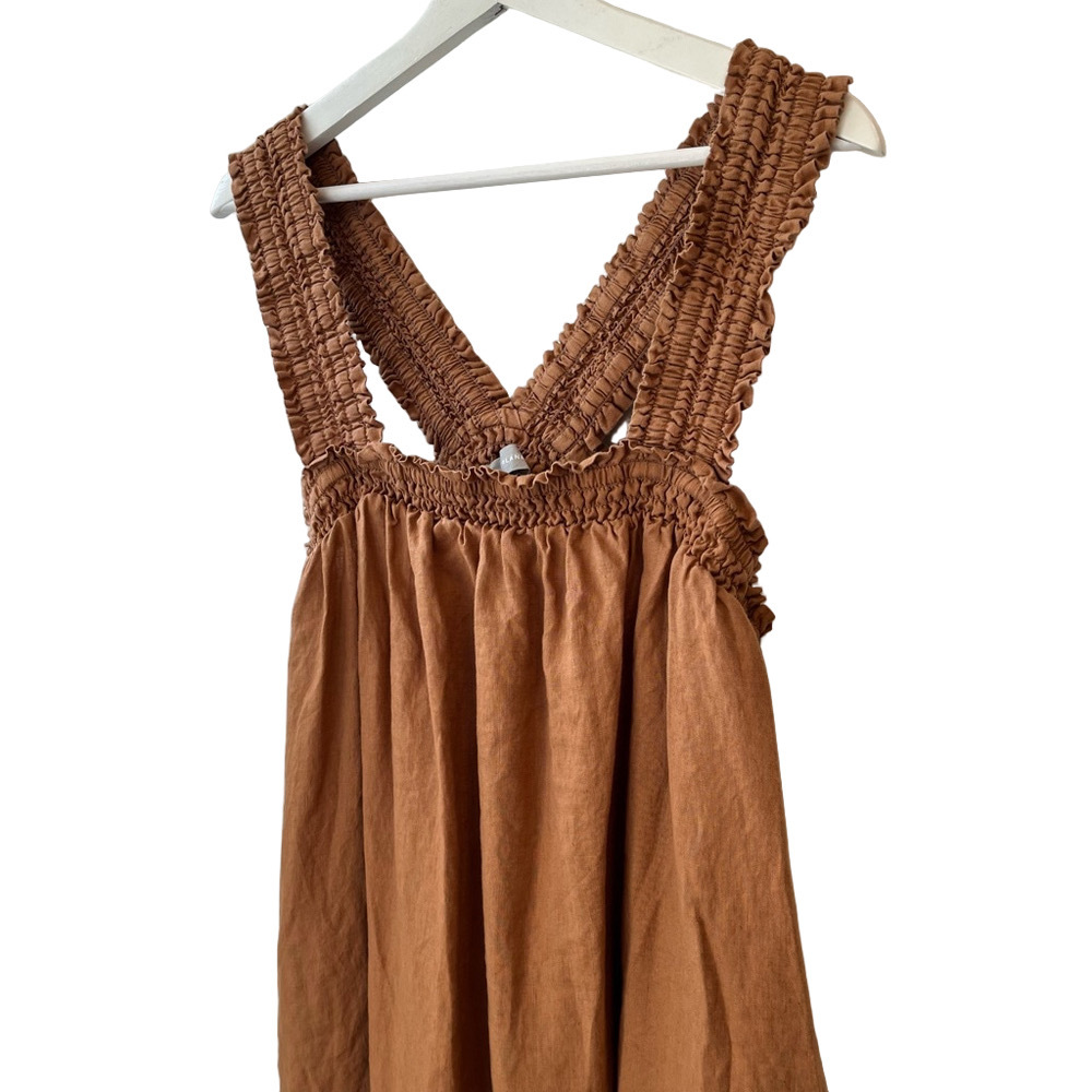 Everlane The Smocked Linen Mini Dress Rust Light Brown Sleeveless Relaxed Fit XL - Picture 11 of 11